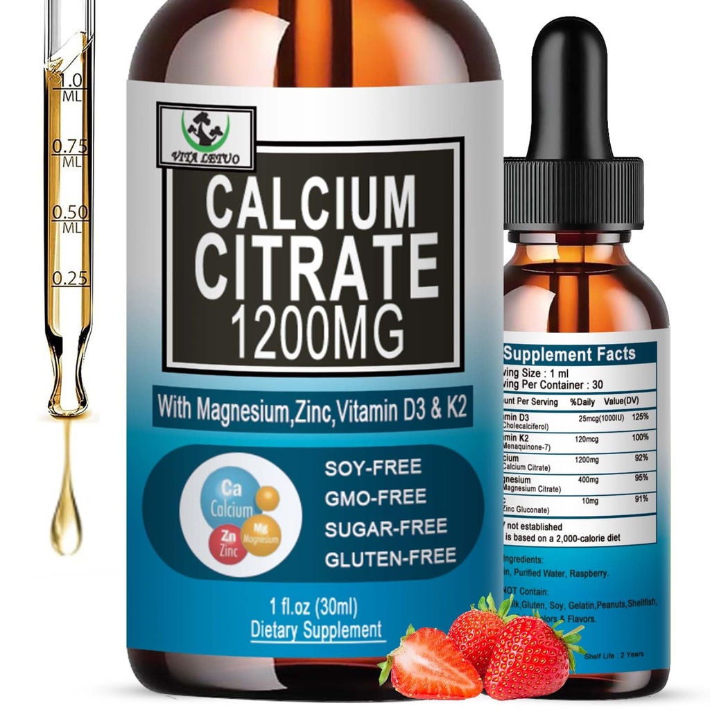 Bone,Teeth,Colon,Cardiovascular Sağlık, Yüksek Absorpsiyon Sıvı Kalsiyum Magnezyum Citrate 400 mg Plus Çinko K2,Vegan,30 Servisler