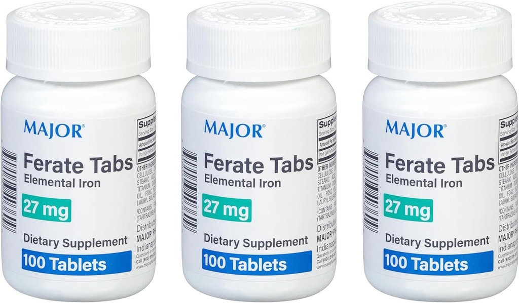 Major 27 mg Ferate Tabs - Σιδήρου Gluconate Στοιχειώδες συμπλήρωμα διατροφής σιδήρου - 100 Count (3 Pack)