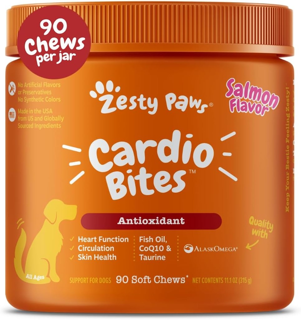 Köpekler için Zesty Paws Cardiovascular Destek - Köpekler için Taurin - CoQ10, L Carnitine & Sea Buckthorn - Senior Heart Health - AlaskOmega Fish Oil Omega 3 - Senior - Salmon - 90 Count