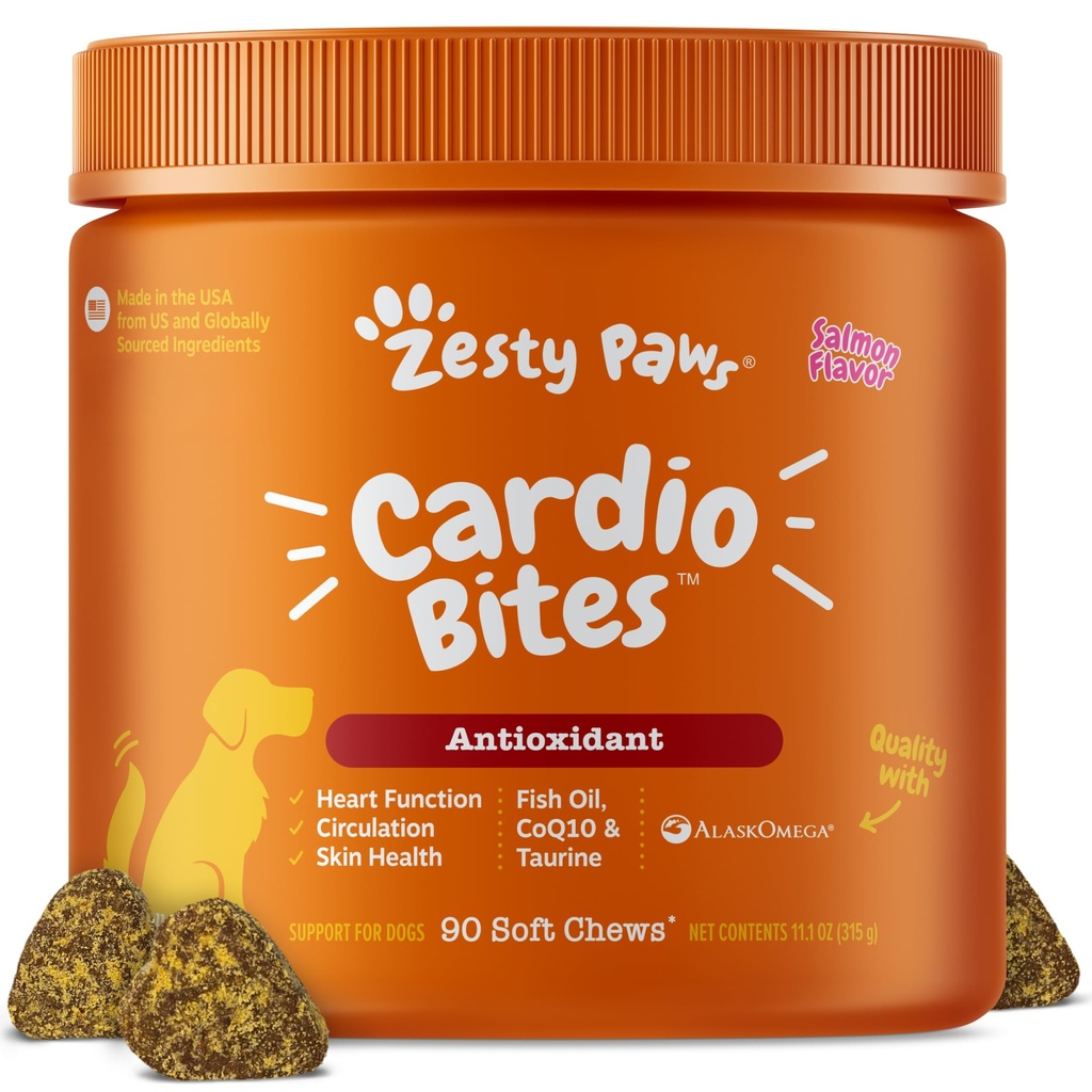 Köpekler için Zesty Paws Cardiovascular Destek - Köpekler için Taurin - CoQ10, L Carnitine & Sea Buckthorn - Senior Heart Health - AlaskOmega Fish Oil Omega 3 - Senior - Salmon - 90 Count