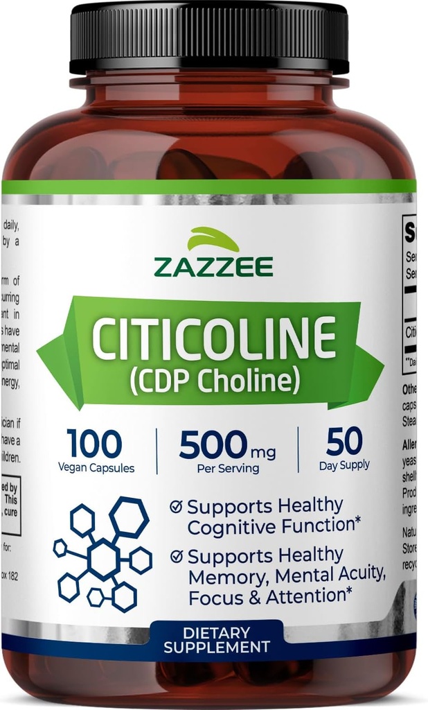 Zazzee Ekstra Güçlü Citicoline, 100 Vegan Capsules, Superior CDP Choline Form,% 100 Vegetarian ve Farm Grade, 50-Day Supply, All- Natural and Non-GMOMO
