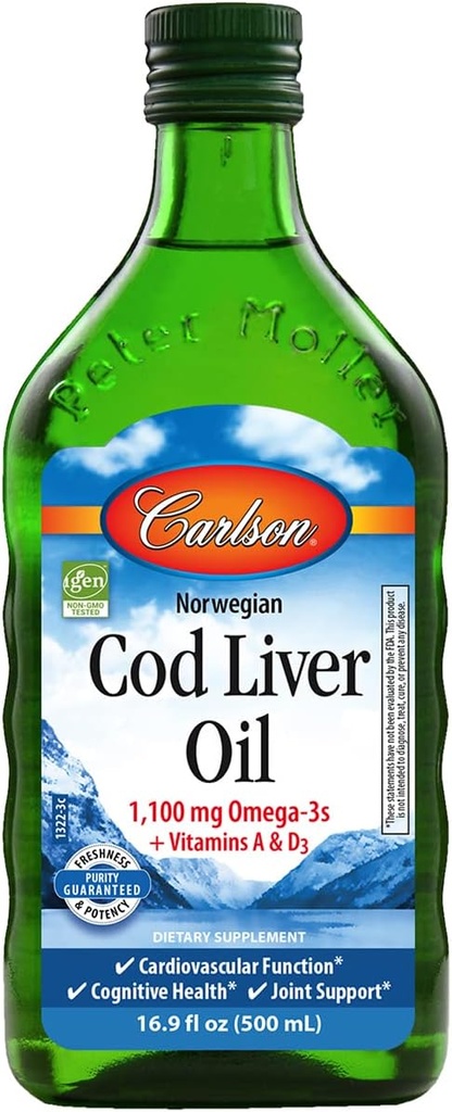 Carlson - Cod Liver Oil, 1100 mg Omega-3s + A & D3, Wild-Caught Norwegian Arctic Cod-Liver Oil, Sustainablely Soured Nordic Fish Oil Liquid, Unflaved, 500 mL (16.9 Fl Oz)