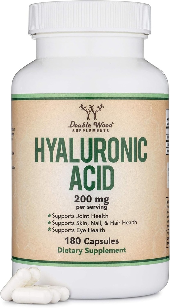 Hyaluronic Acid Supplements -180 Capsules (Enhances Effects of Hyaluronic Acid Serum for Face) 200mg Per Serving for Skin and Face Aging Support (Acido Hialuronico) Gluten Free by Double Wood