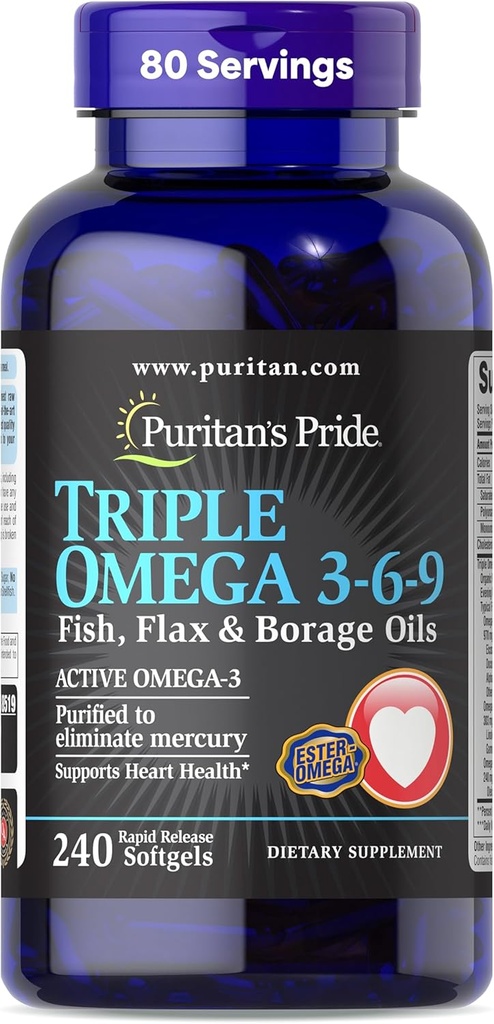 Puritan's Pride Premium Triple Active Omega 3-6-9 Fish, Flax ve Borage Oils, Diyeter Supplement for Heart, Joint, and Cellular Health Support, 240 Hızlı Yayın Softgels