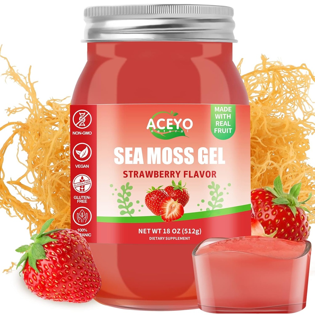 ACEYO (18 OZ) Irish Sea Moss Gel Raw Vegan Strawberry Flavor 102 Vitamins and Minerals Wild Harvested Non-GMO Immune Defense Booster Thyroid Digestive Support