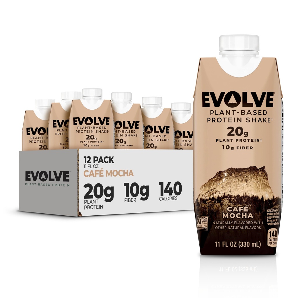 Evolve Plant Based Protein Shake, Café Mocha, 20g Vegan Protein, Dairy Free, No Artificial Sweeteners, Non-GMO, 10g Fiber, 11oz, (12 Pack) (Formula May Vary)
