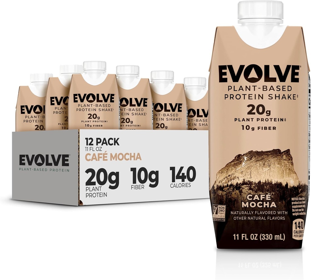 Evolve Plant Based Protein Shake, Cafe Mocha, 20g Vegan Protein, Süt Ücretsiz, Yapay Tatlıcılar, Non-GMO, 10g Fiber, 11oz, (12 Pack) (Formula May Vary)