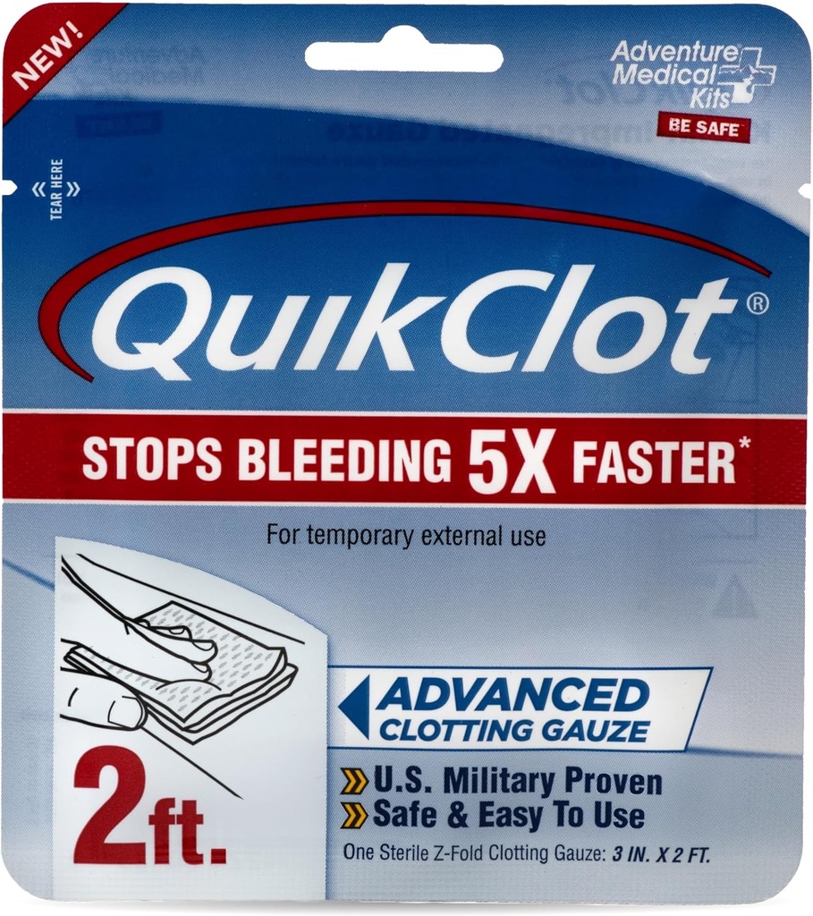 Adventure Medical Kits QuikClot Gauze - Ευέλικτη αιμοστατική ιατρική Gauze για την επείγουσα επιβίωση ή καταστροφή Κιτ ετοιμότητας & Περισσότερα - Στάματα Αιμορραγία Γρήγορη με Kaolin - 3" x 24"