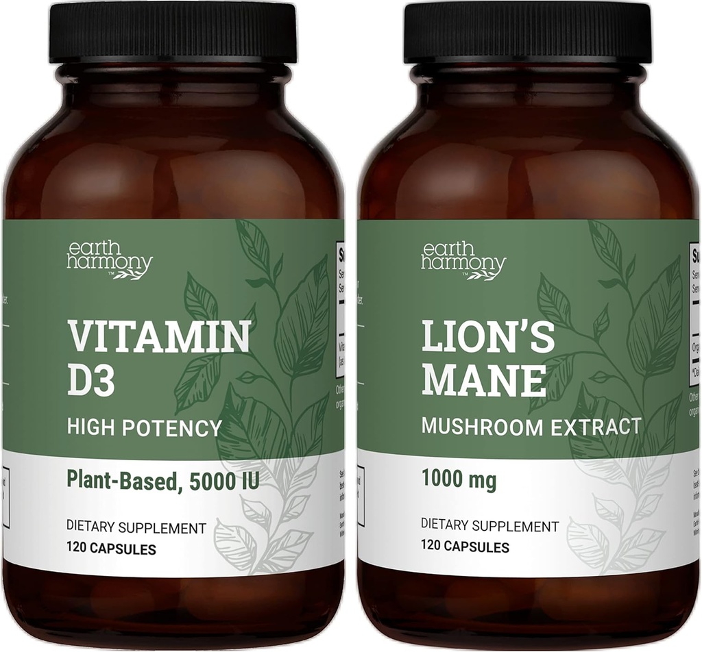 Dünya Harmony Vegan D3 5000 iu & Organik Lion's Mane 1000 mg Supplement - 120 Capsules Her Şey