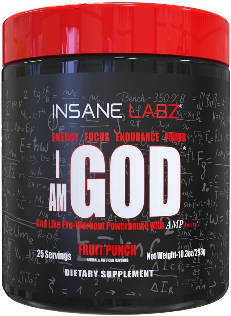 I am God Pre Workout, High Stim Pre Workout Toz Loaded with Tinatine and DMAE Bitartrate Yakıted by AMPiberry, Enerji Focus Endurance Kas Büyüme,25 Srvgs, Fruit Punch