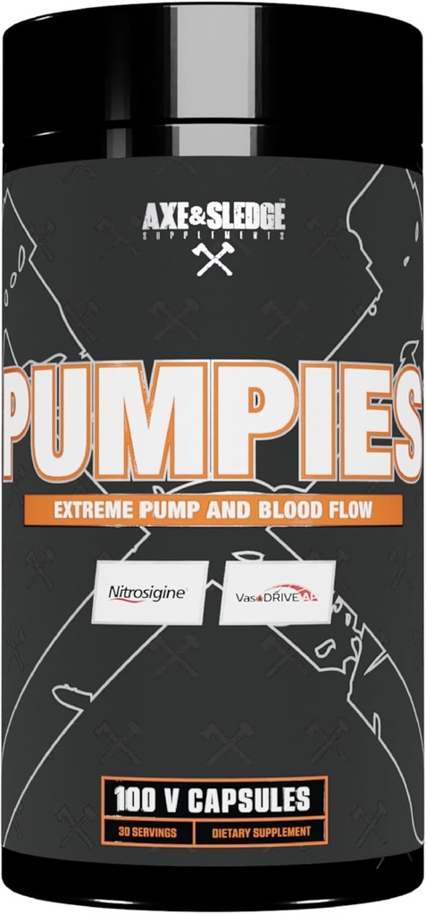 Axe & Sledge Supplements PUMPIES Nitric Oksit ile VasoDrive-AP ve Nitros Nitroigine, Pumps, Performans ve Kurtarma, 20 Hizmet, 100 Capsules