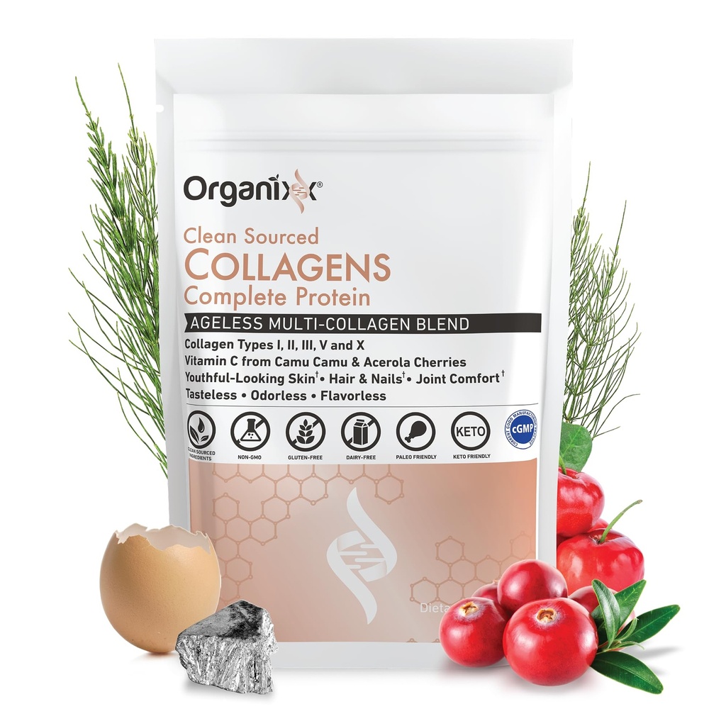 Organixx Collagen Peptides Σκόνη με βιταμίνη C, Τύποι I, II, III, V, X Hydrolyzed Collagen, Hair, Nail, Skin, Bone & Joint Health, Υποστήριξη γήρανσης, Καθαρή πηγή, Χωρίς γλουτένη, Χωρίς γεύση, 30 Υπηρεσίες