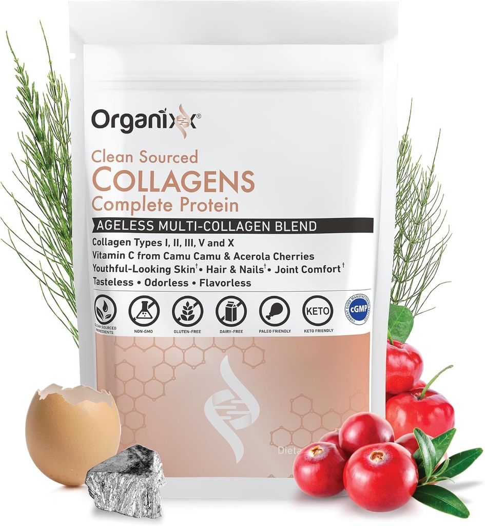 Organixx Collagen Peptides Toz C vitamini ile, Tip I, II, III, V, X Hydrolyzed Collagen, Hair, Nail, Skin, Bone & Joint Health, Aging Support, Clean Sourced, Gluten Free, Unflavored, 30 Hizmet