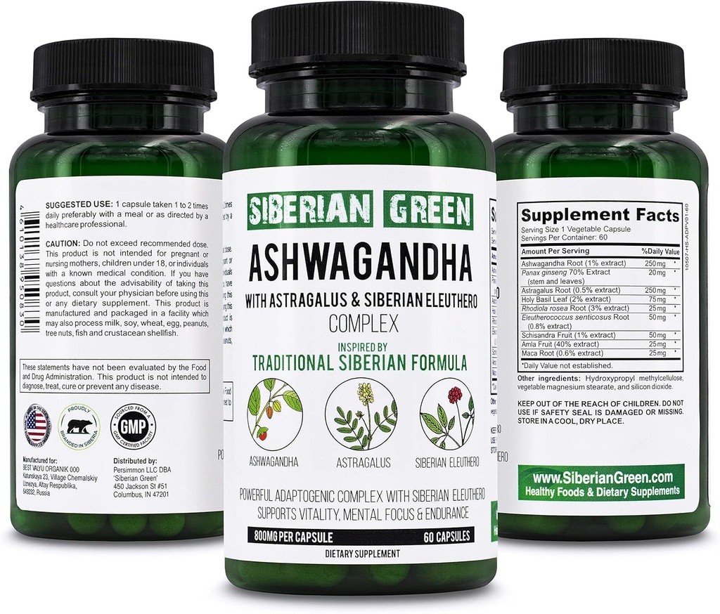Sibirya Green Organic Ashwagandha Root with Astragalus & Sibirya Eleuthero BTC Kompleksi 60 Capsules Güçlü Herbal Support