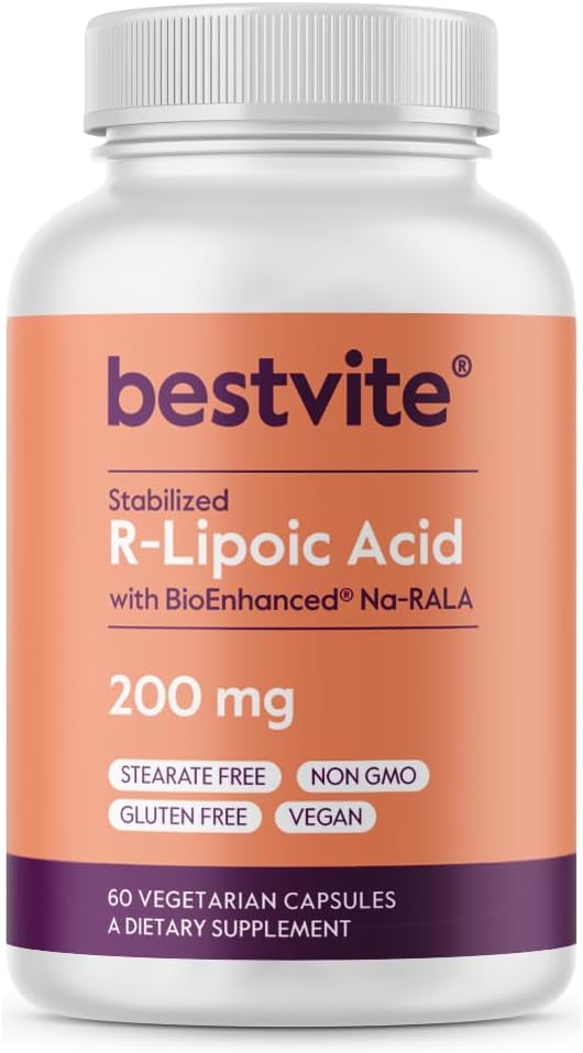 BESTVITE R-Lipoic Acid 200 mg Bio-Enhanced Na-RLA (60 Vejetaryen Capsules) - No Stearates - No Fillers - Vegan - Gluten Free - Non GMO