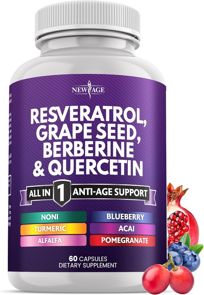 NEW AGE Resveratrol, Berberine, Grape Tohum alıntı, Quercetin - Noni Extract, N-Acetyl Cysteine, Acai Ekstraksiyon - 60 Capsules