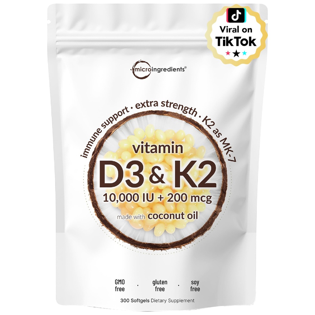 Mikro Malzemeler D3 10.000 IU + K2 MK-7 200 mcg, Virgin Coconut Petrol ile 300 Softgels | 2in-1 Vitaminler D & K Kompleksi | Ekstra Güçlü, Swallow, Non-GMO, Gluten Free