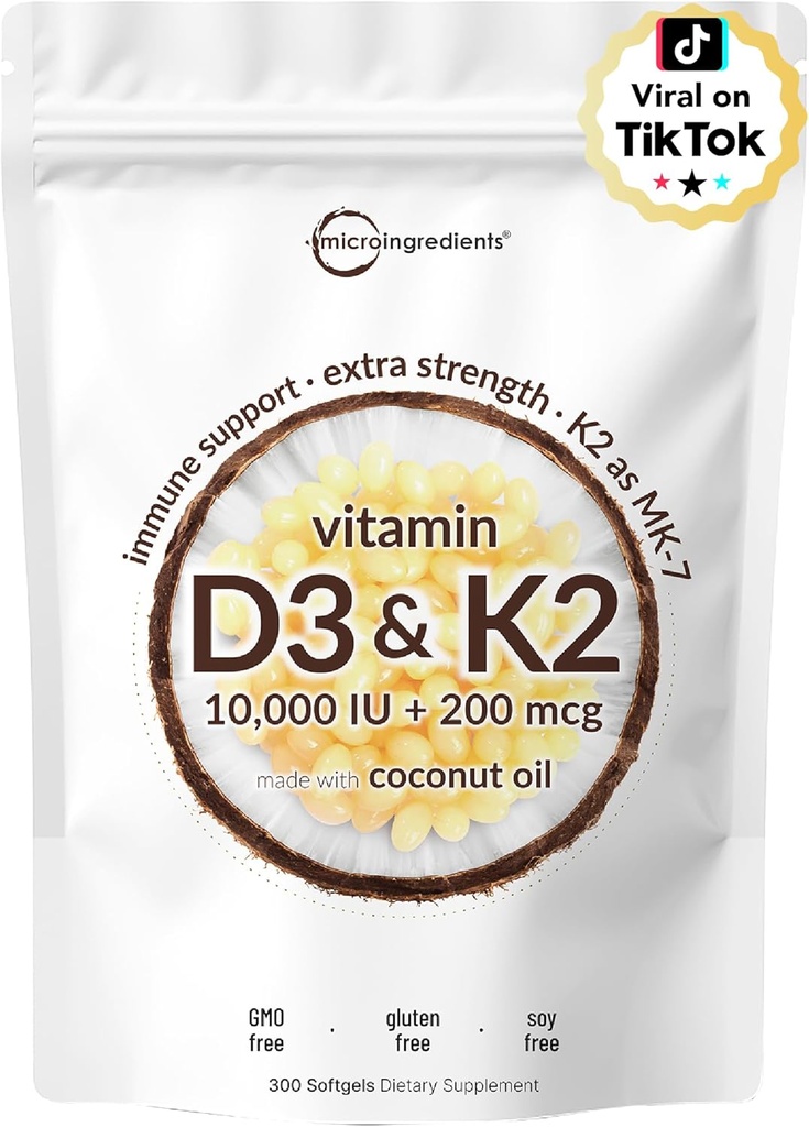 Mikro Malzemeler D3 10.000 IU + K2 MK-7 200 mcg, Virgin Coconut Petrol ile 300 Softgels | 2in-1 Vitaminler D & K Kompleksi | Ekstra Güçlü, Swallow, Non-GMO, Gluten Free