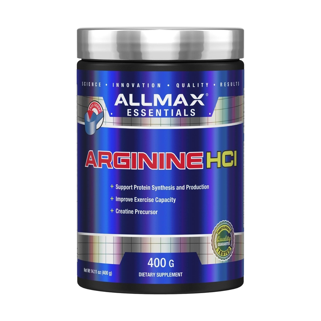 ALLMAX Essentials ARGININE HCL - 400 g - Precursor for Synthesis of Nitrik Oksit - Vegan & Gluten Free - 200 Hizmet