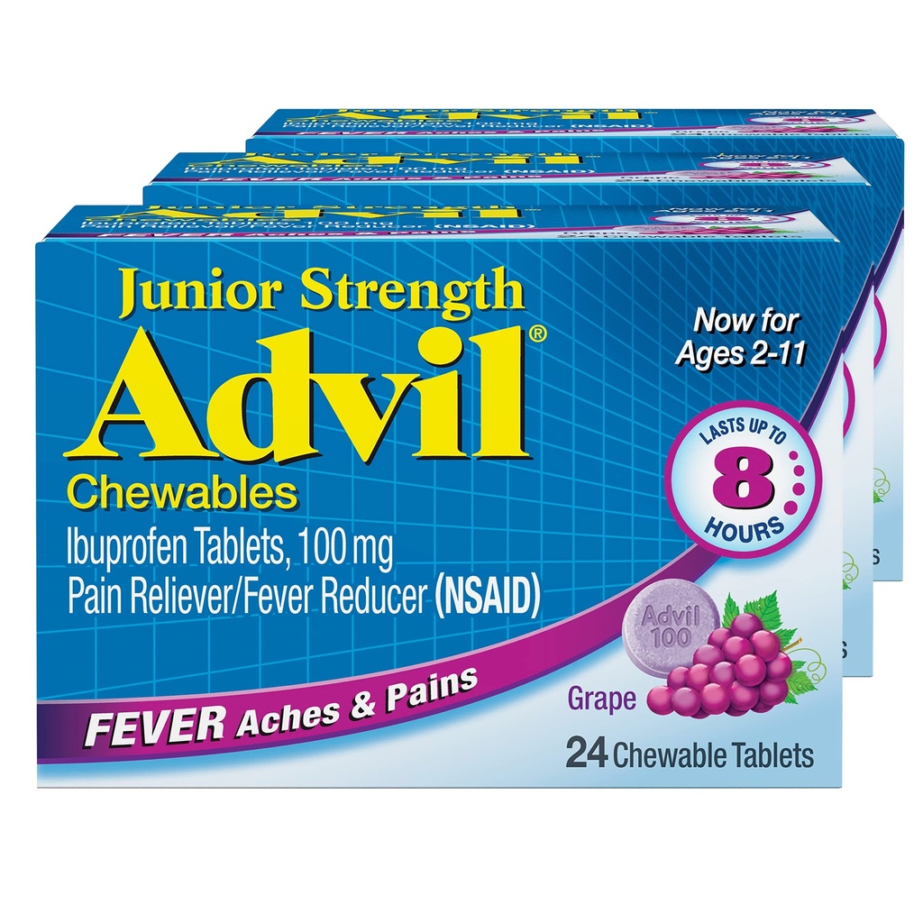 Advil Junior Strength Chewable Ibuprofen Pain Reliever ve Ateş Tespiti, Çocuk Ağrı Yardımı için Ibuprofen, Grape - 24 Tabletler (Paket 3)