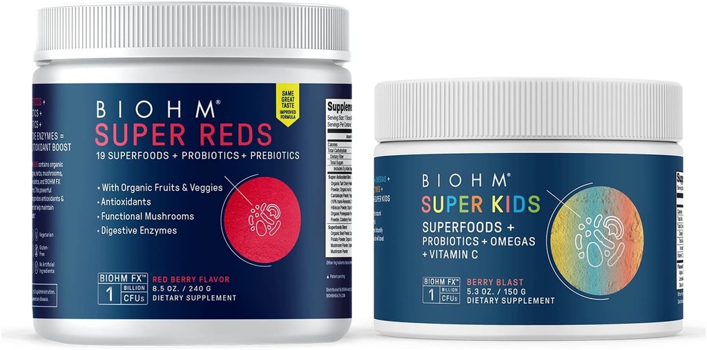 BIOHM Super Reds Superfood Toz, Tart Cherry & Super Kids Superfood Toz + Probiyotikler, Beneficial Antioksis & Omega-3 - Gluten Free, GMO Free, Dairy Free, No Yapay Malzemeler