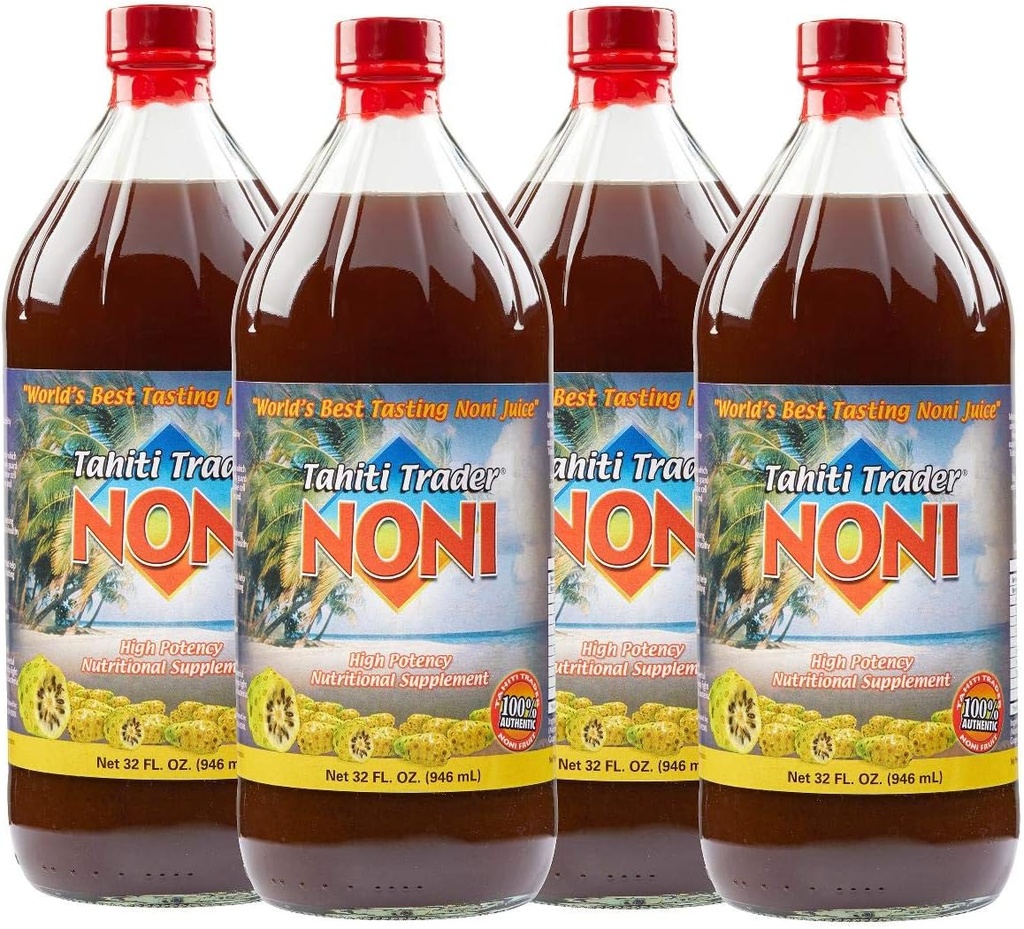 TAHITI TRADER (4-PK) Original High Potency Noni Juice - Pure Noni Fruit Juice with Blueberry & Raspberry - Organik Antioksi Superfood Supporting Energy & Body Health - (32oz, 4 Pack)