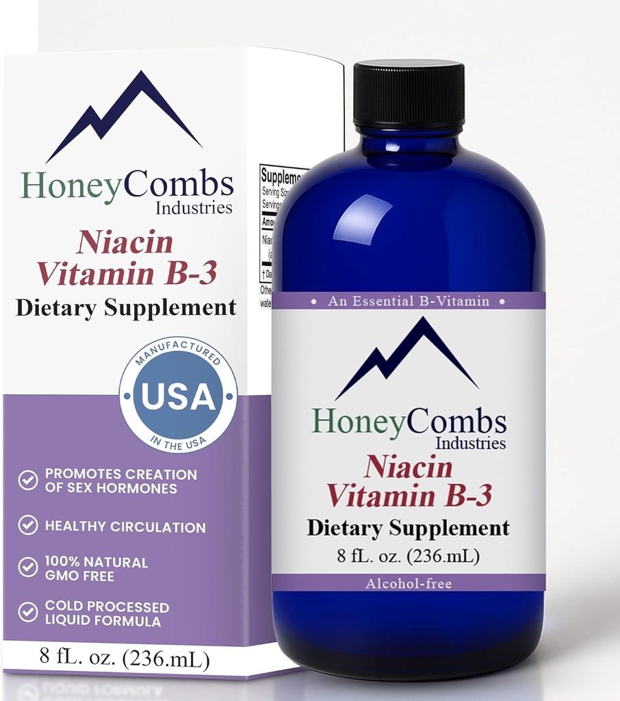 HoneyCombs Vitamin B3 Niacin Supplement Liquid Drops - Erkekler ve Kadınlar için Yüksek Potency Vitamini - Digestive System, Skin, Tongue, Enerji ve Daha Fazlası - Vegan Niacin Drop (8 Fl oz)