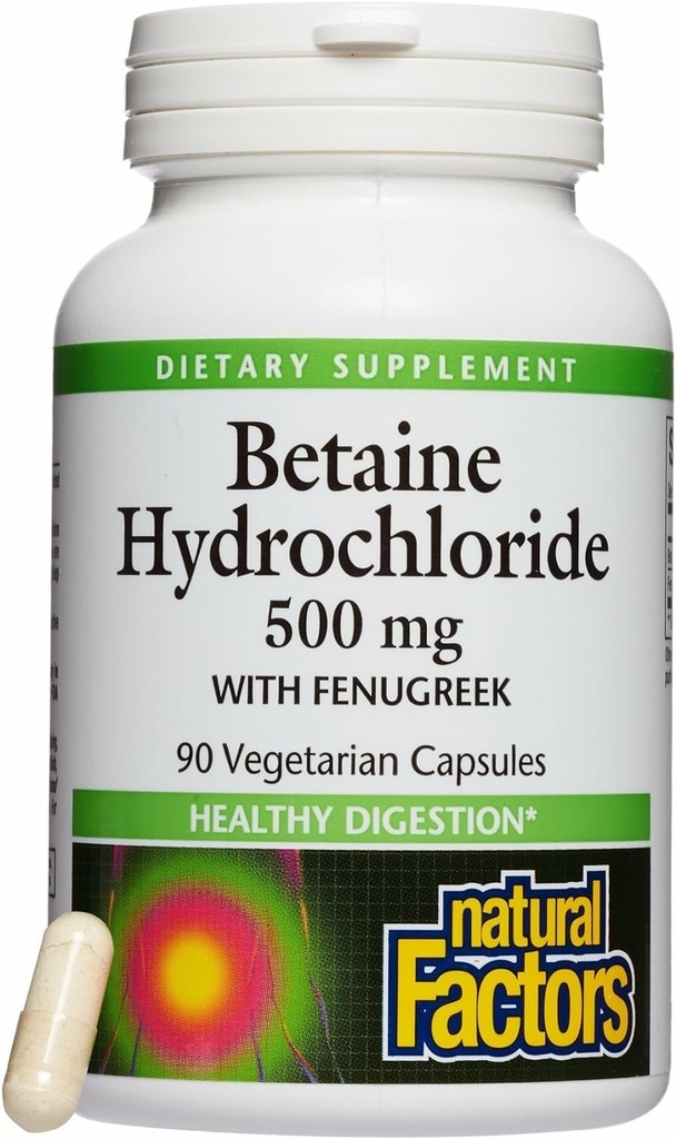 Doğal Faktörler, Betaine HCL 500 mg, Sağlıklı Digestion ve Sağlıklı Mikrobiyome, 90 kapsül (90 hizmet)