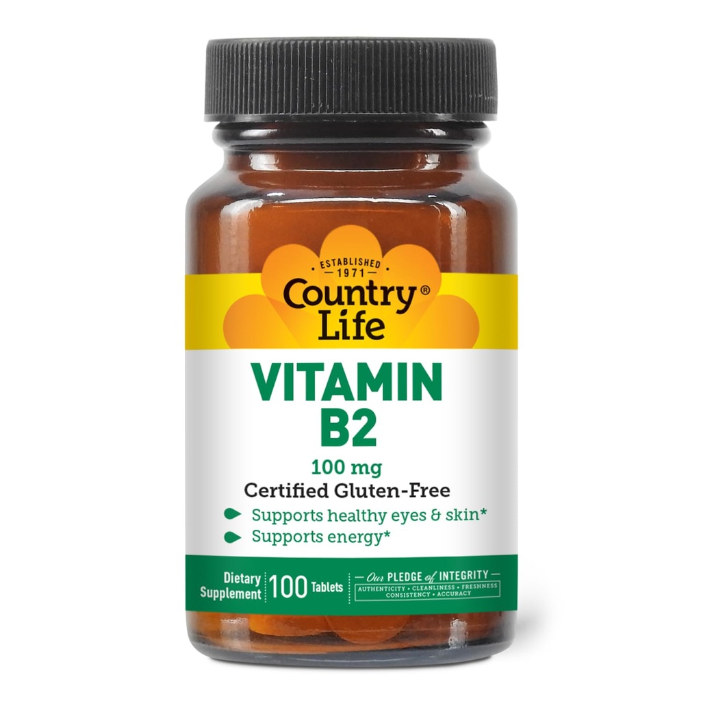 Ülke Yaşam Vitamini B2 100 mg Riboflavin Supplement - Enerji Üretimi ve Destek Hücre Fonksiyonlar, Gluten-Free, Vegan, Kosher, Halal - Hiçbir koruyucu, GMO veya Yapay Flavors, 100 Count