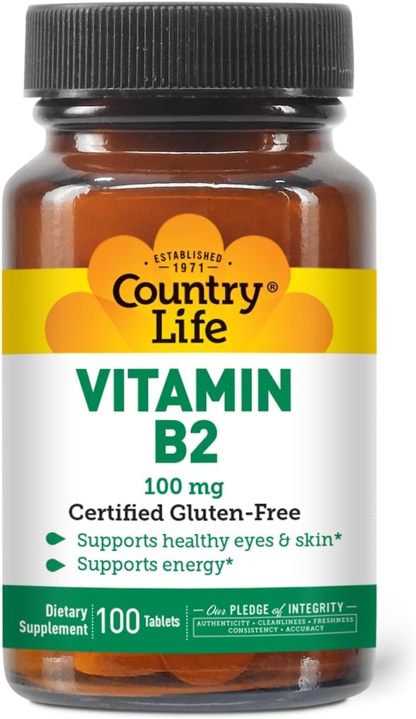 Country Life Vitamin B2 100mg Riboflavin συμπλήρωμα – ενισχύει την παραγωγή ενέργειας & υποστηρίζει τη λειτουργία κυττάρων, χωρίς γλουτένη, Vegan, Kosher, Halal – χωρίς συντηρητικά, ΓΤΟ ή τεχνητές γεύσεις, 100 Count