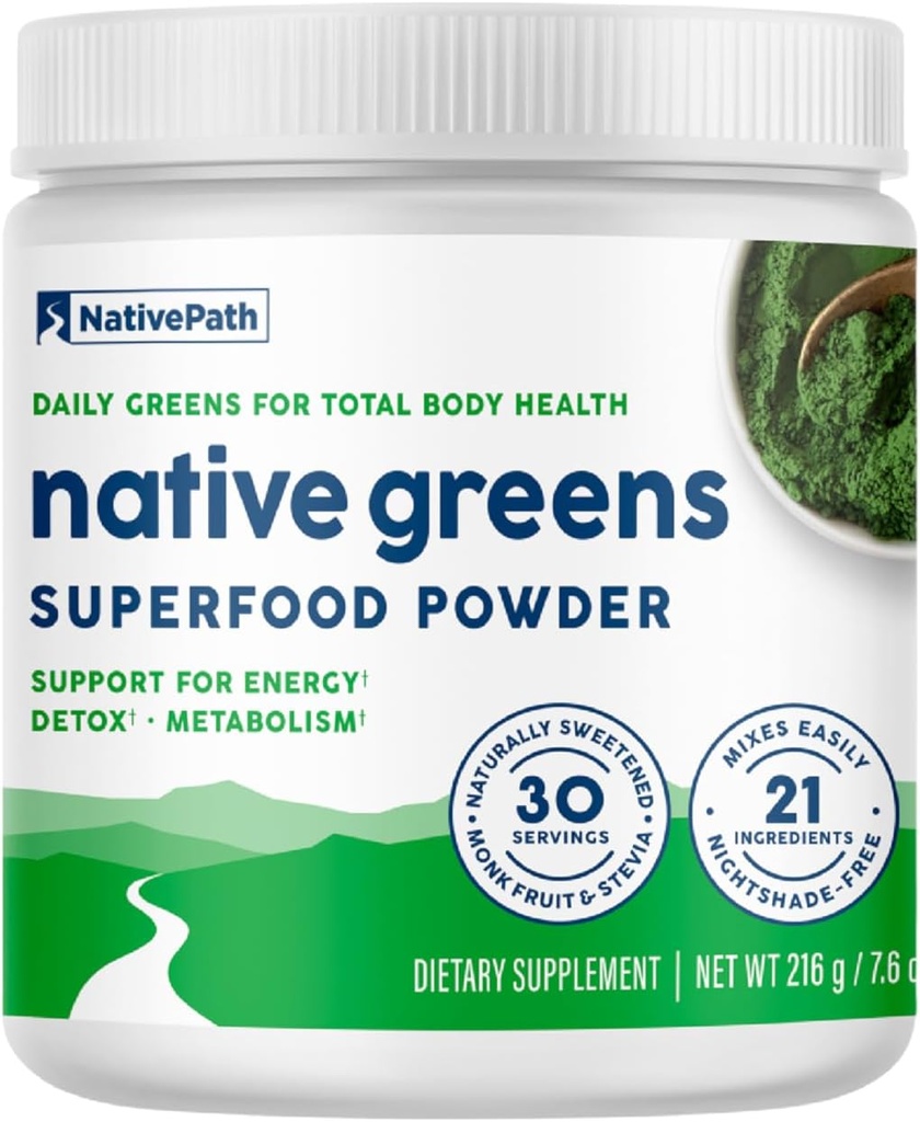 NativePath Native Greens Superfood Powder – Βιολογικά Πράσινα, Spirulina, Beet Root Powder, Digestive Enzymes, Probiotics, Nightshade-Free, Φυσικά ζαχαρωμένο, 30 εξυπηρετήσεις