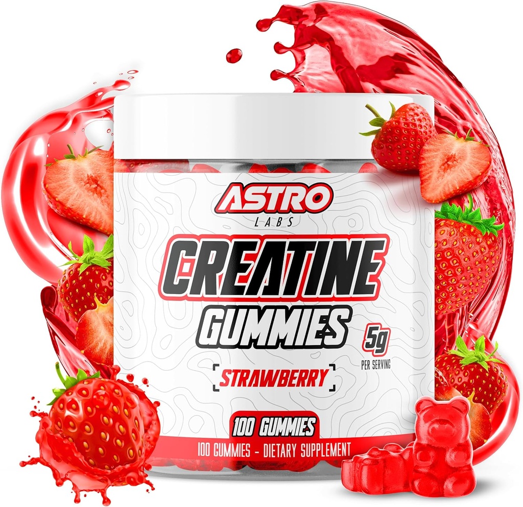 Erkekler ve Kadınlar için Kreat Gummies - Hizmet başına 5g, Güçlü, Kas Kazan, Kurtarma, Endurance - Vegan, Gluten-Free, Low Sugartine Monohidrat Gummies - Strawberry (100 Count)