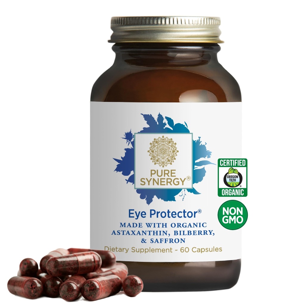 PURE SYNERGY Eye Protector | 100% Natural, Vegan Eye Health Supplement | Organik Astaxanthin, Lutein, & Zeaxanthin | for Health Vision (60 Capsules)
