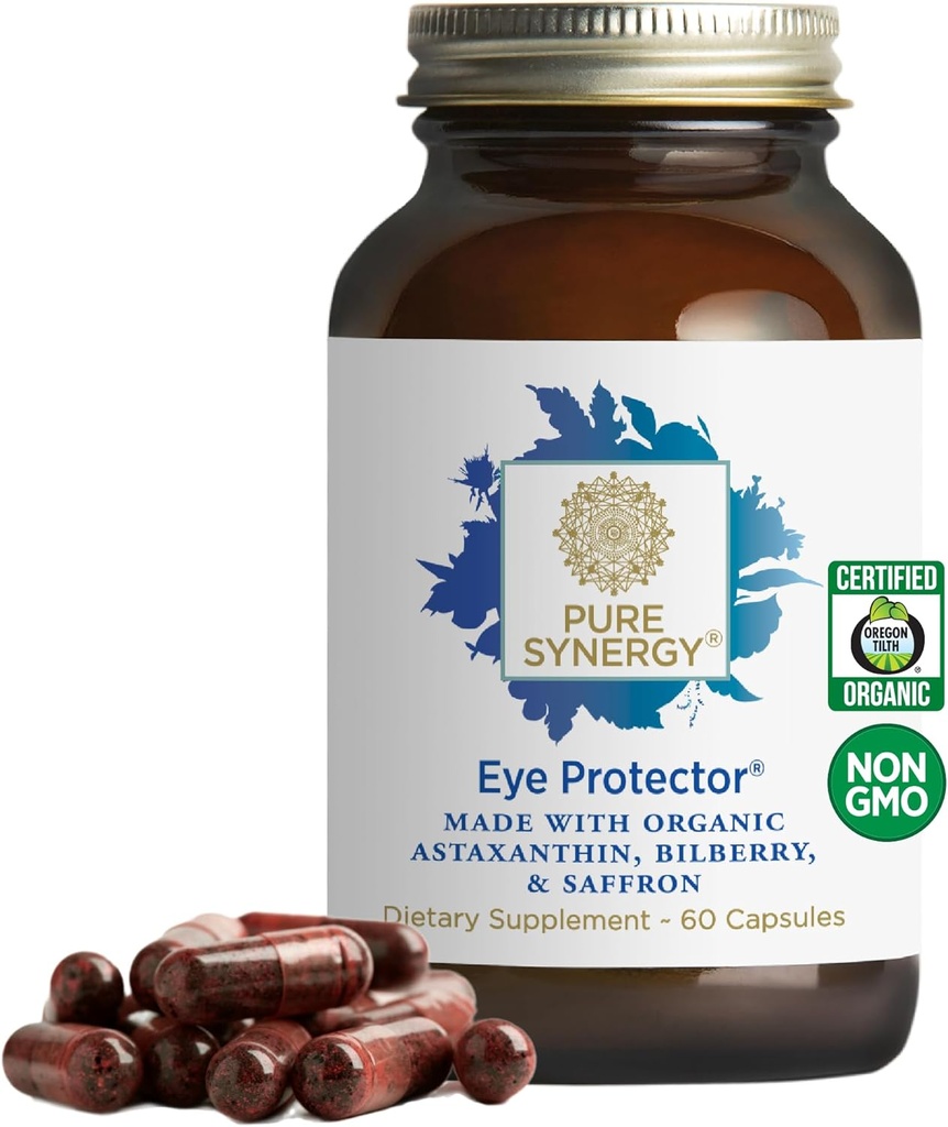 PURE SYNERGY Eye Protector | 100% Natural, Vegan Eye Health Supplement | Organik Astaxanthin, Lutein, & Zeaxanthin | for Health Vision (60 Capsules)