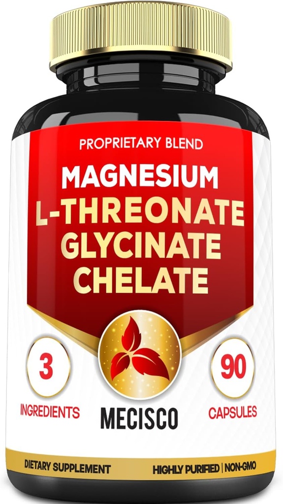1500mg L-Θρεονικό μαγνήσιο συμπλήρωμα με Διγλυκινικό μαγνήσιο & Χηλικό μαγνήσιο - Υποστήριξη για Άνετα Νους, Υγεία των οστών & Εγκεφαλική Υγεία - 90 κάψουλες