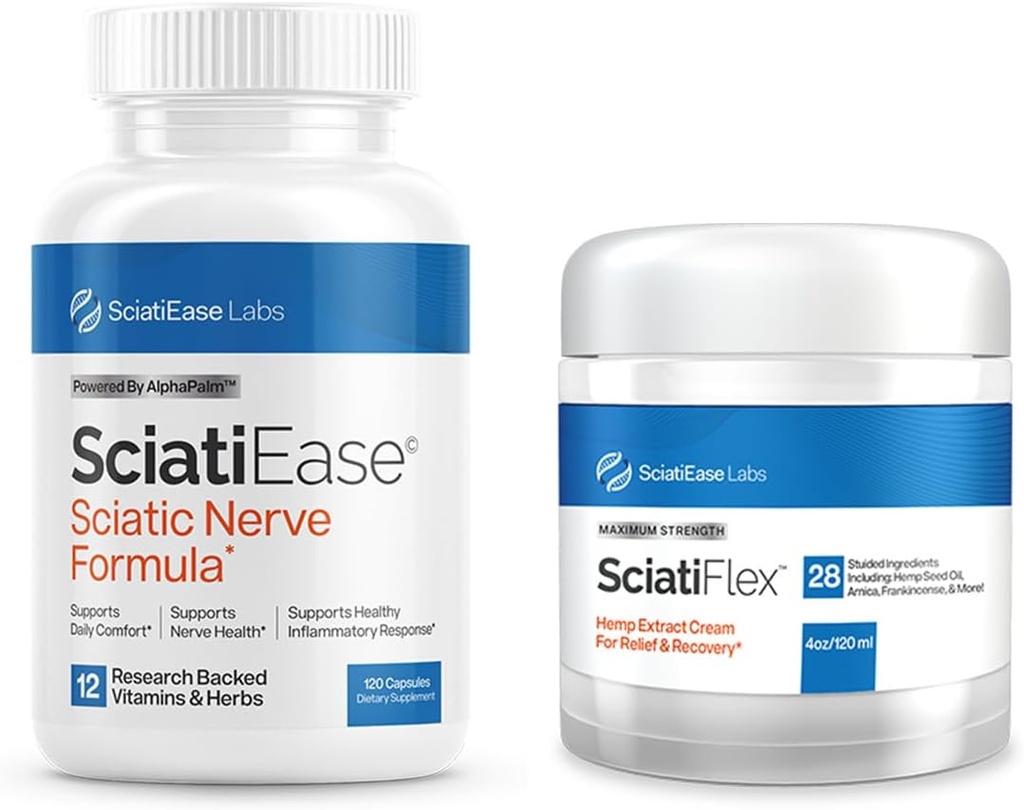 SciatiEase Sciatic Nerve Support Supplement Sciati Ease and SciatiFlex Bundle with Alpha Palm and Maximum Strength Sciatic Cream with Hemp and Arnica Extract