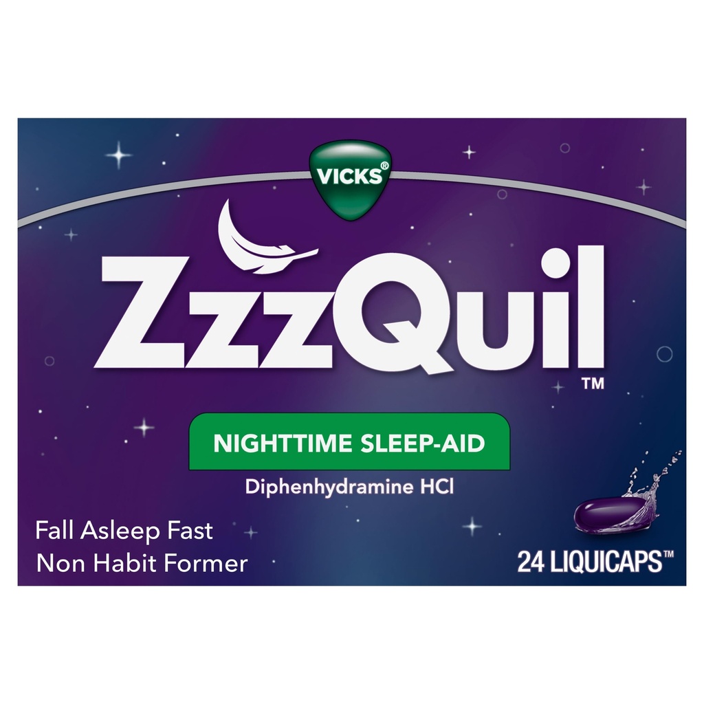 Vicks ZzzQuil, Nighttime Sleep Aid LiquiCaps, 25 mg Diphenhydramine HCl, No.1 Sleep-Aid Brand, Non-Habit Form, Fall Asleep Fast, 24 Count