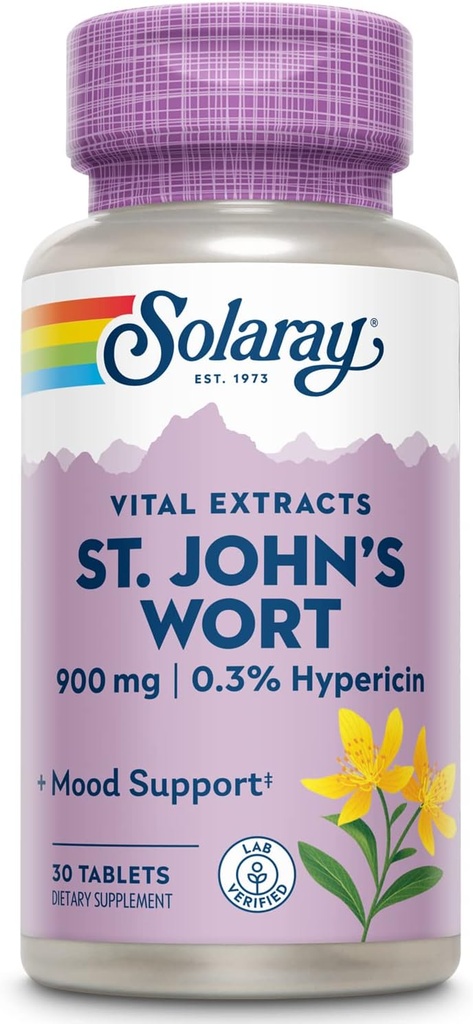 SOLARAY St John's Wort 900 mg, Once Daily Mood Support Supplement, Standardized to 0.3% Hipericin for Brain Health Support and a Balanced Mood, 60-Day Money Back Garanti | 30 Hizmet | 30 Tablet |