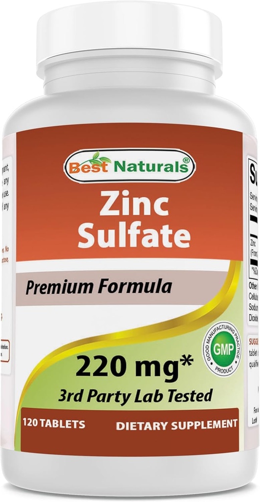 Best Naturals Zinc Sulfate 220 mg 120 Tables - 3ο Party Lab Tested - Made in The USA - Gluten Free & Non-GMO