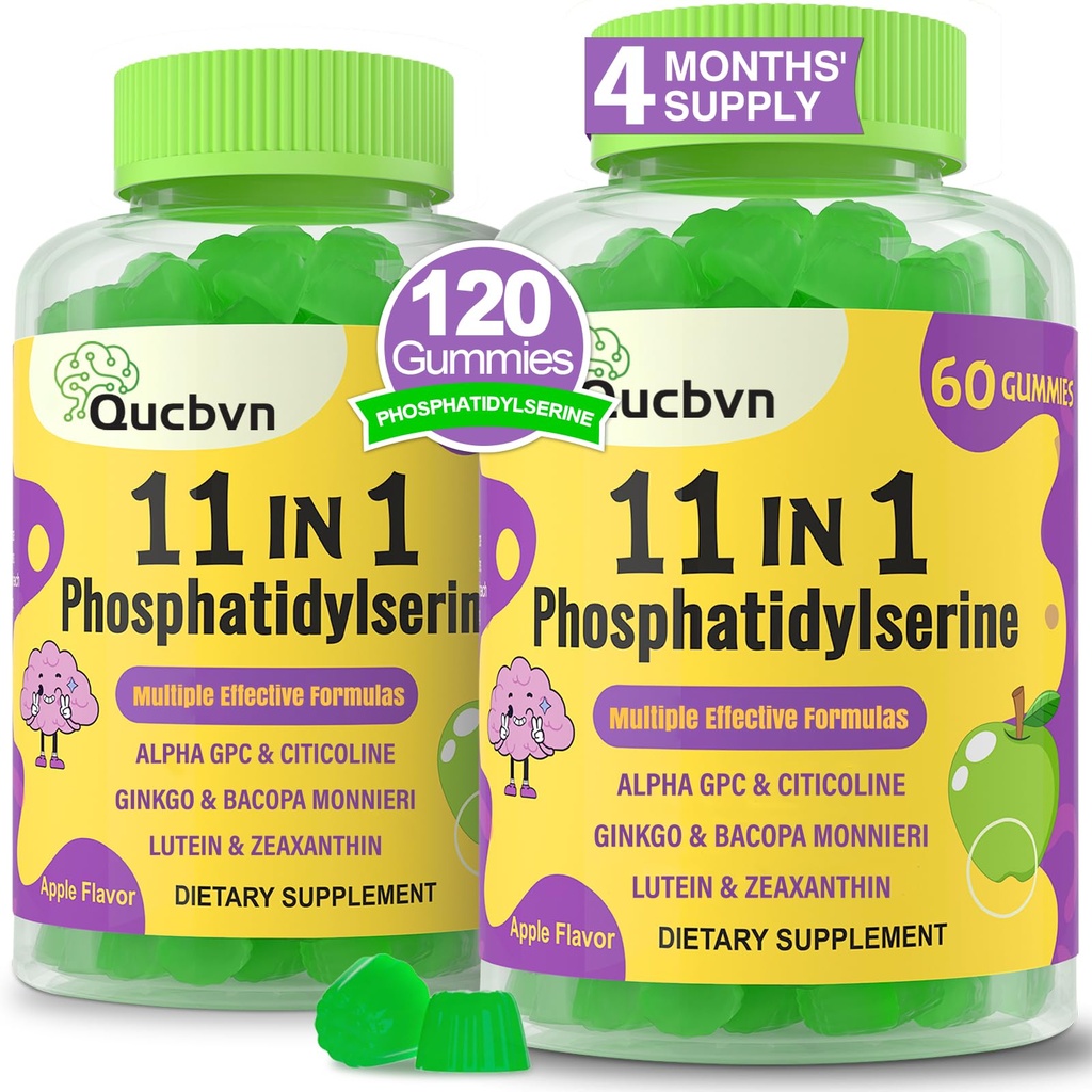 (2 Packs) Phosphatidylserine 600 mg Gummies, Brain Supplement for Memory, Focus and Concentration - Phosphatidylserine Memory Supplement with Alfa GPC, B6 & B12 for Brain and Cognitive, 120 Gummies