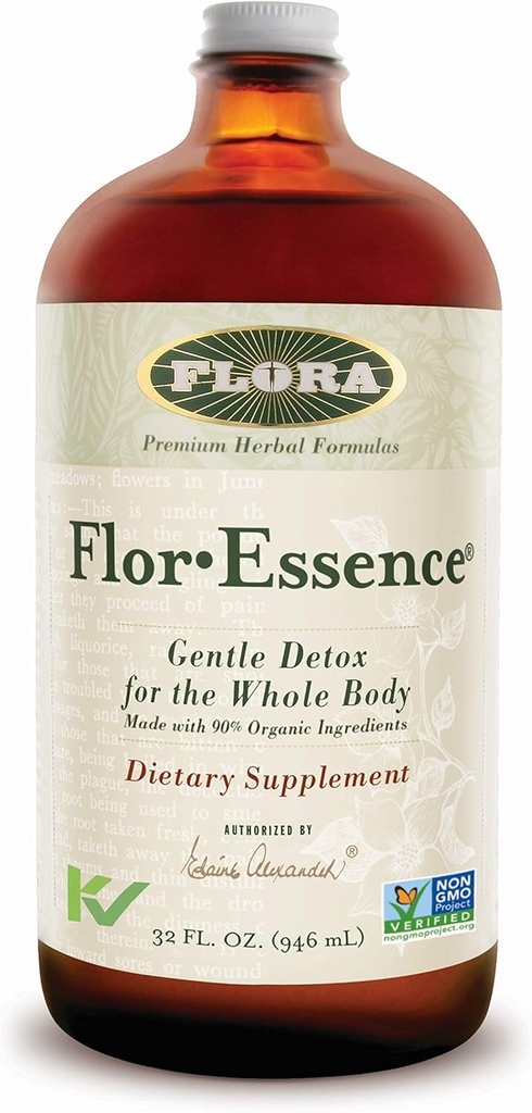 Φλώρα Flor Essence Liquid Tea Blend 32oz LARGE - Απαλά Detox Καθαρίστε με Burdock Root, Slippery Elm, Kelp, Thittle - Premium βιολογικά συστατικά