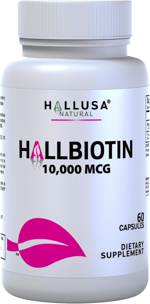 Hallusa Natural Biotin Κάψουλες 10.000 mcg Healthy Hair, Skin & Nails - Pastillas para la caída del Cabello - Crecimiento del Cabello – Crecimiento de la Barba - Alopecia y calvicie - 60 Κάψουλες