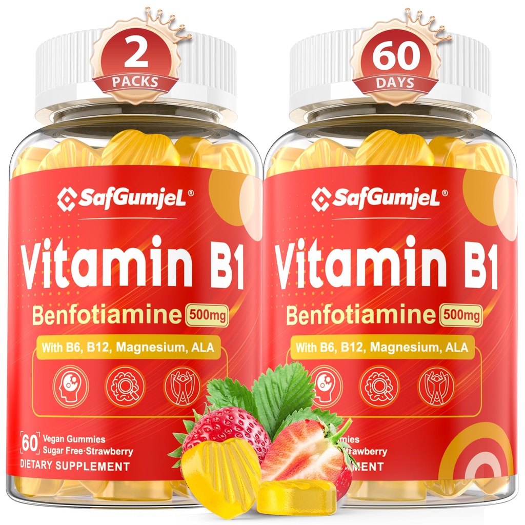 B1 Vitamin Gummies | Benfotimin 500 mg B6 B9 B12 & Magnezyum for Nerve Health, Energy & Metabolism Support | Sugar Free, Non GMO, Vegan, 120 Counts
