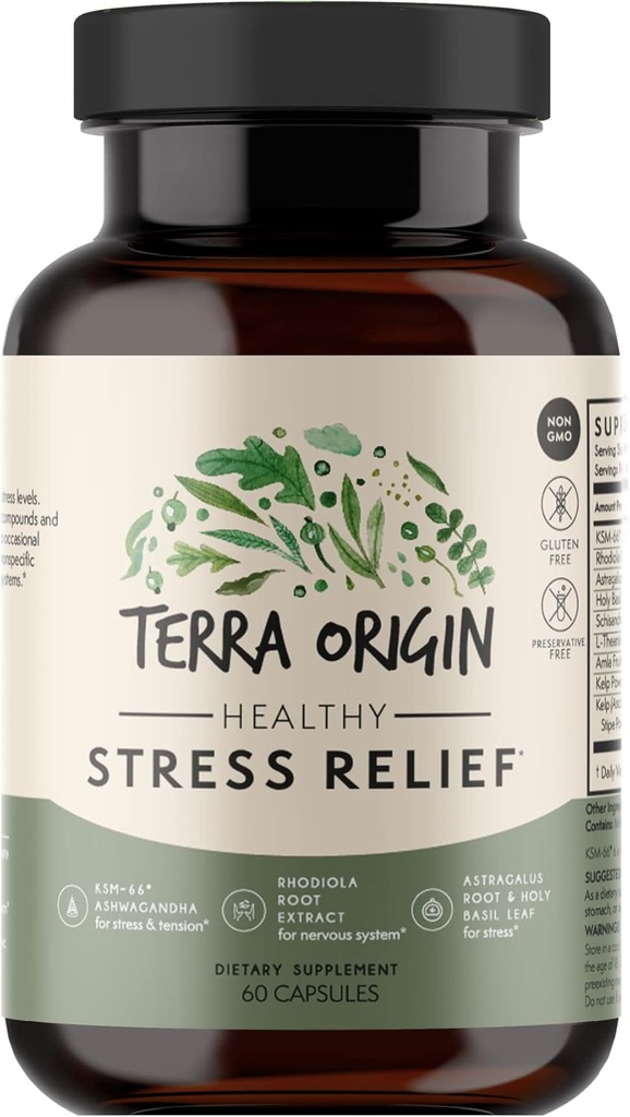 TERRA ORIGIN Sağlıklı Stres Tamam | 60 Capsules | KSM-66 Organik Ashwagandha, L-Theanine, Rhodiola Extract, Astragalus Root and Holy Basil | Stres ve Mood Destek
