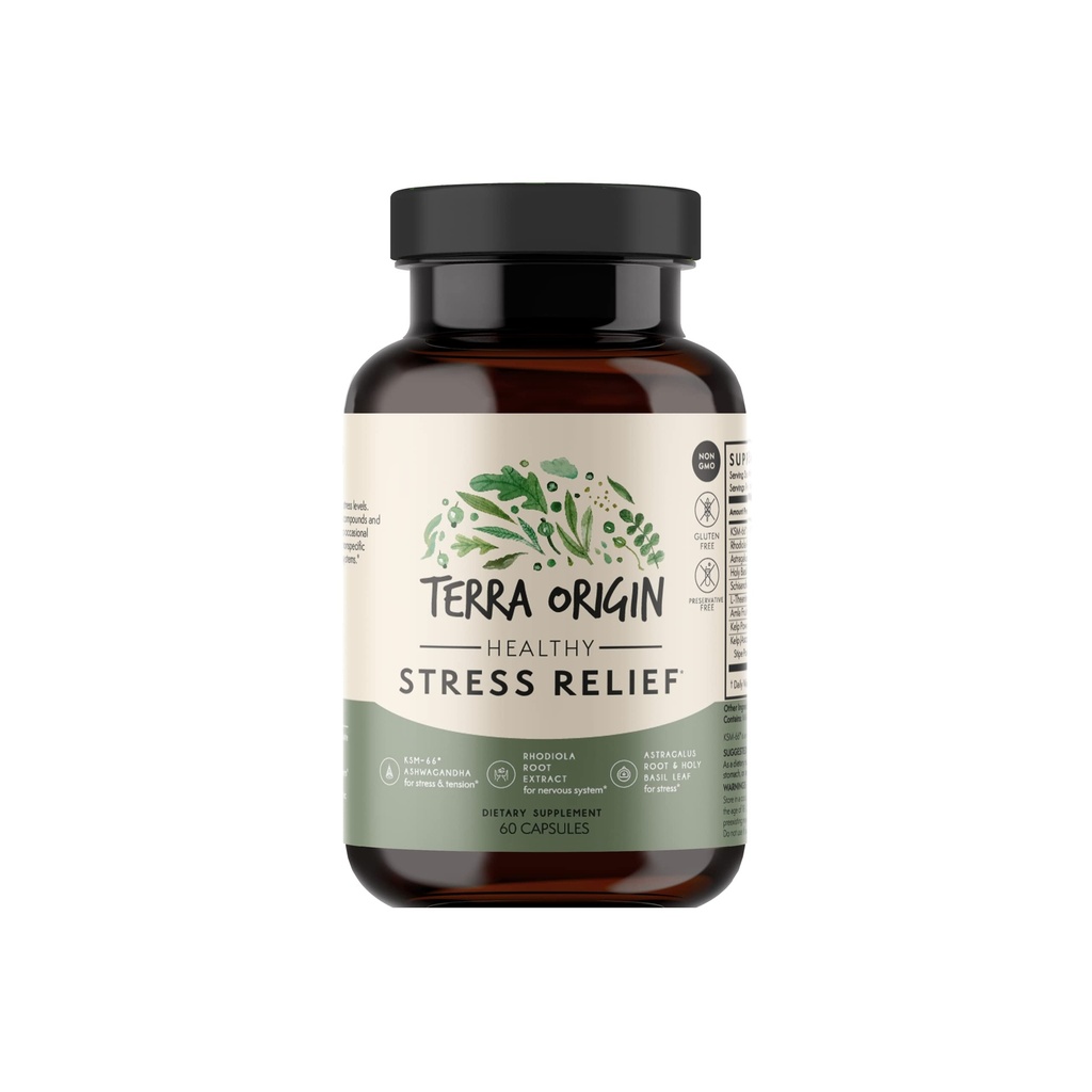 TERRA ORIGIN Sağlıklı Stres Tamam | 60 Capsules | KSM-66 Organik Ashwagandha, L-Theanine, Rhodiola Extract, Astragalus Root and Holy Basil | Stres ve Mood Destek