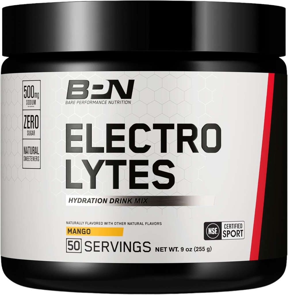 BARE PERFORMANCE NUTRITION BPN Electrolytes Hydration Drink Mix | Sugar Free Electrolyte Toz | 500 mg Sodyum per Service | Natural Sweetized | Mango, 50 Hizmetler