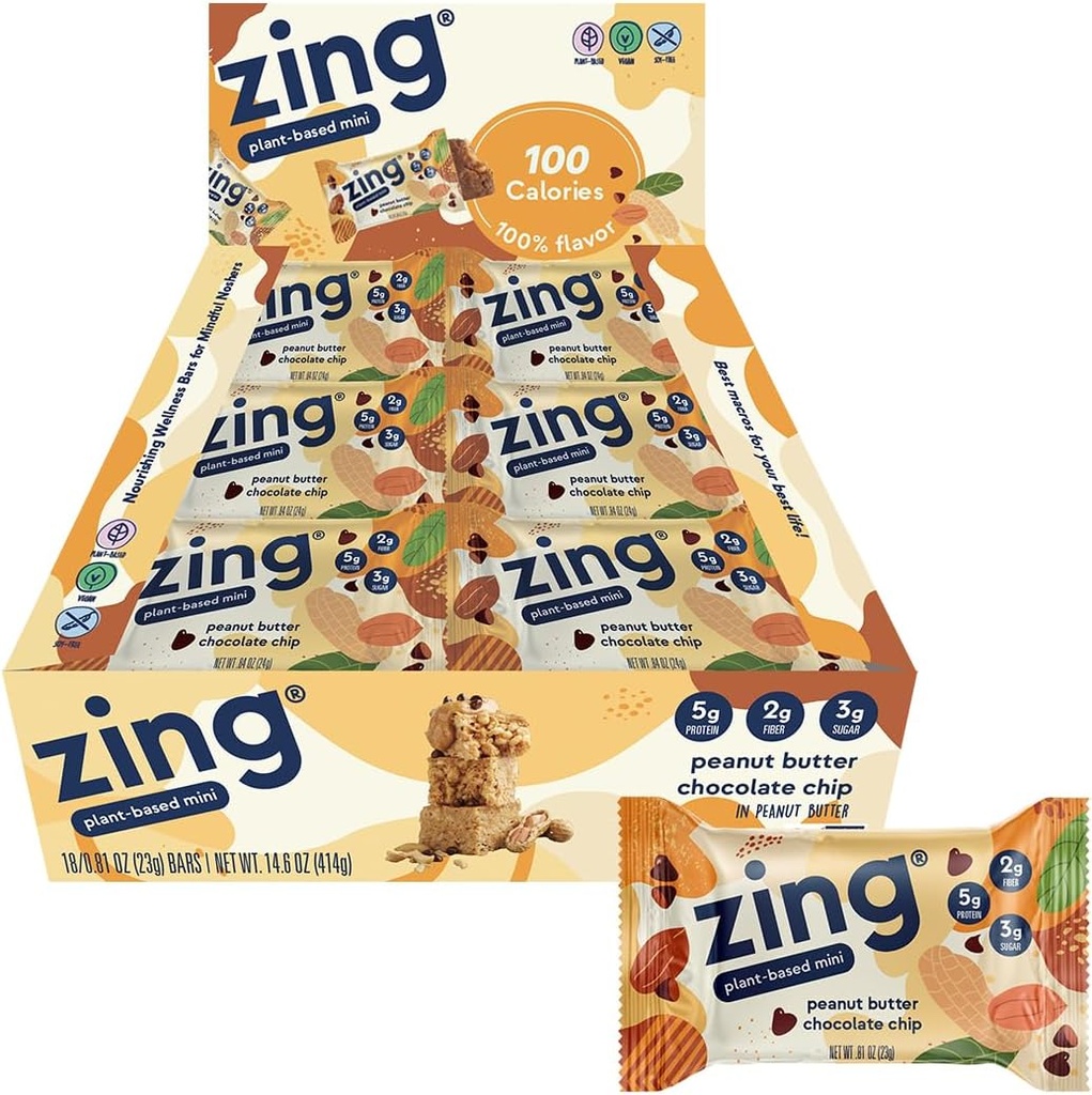 Zing Peanut Butter Chocolate Chip Kids Vegan protein Bars, Gluten Free 100 Calorie Mini Bars, Dairy Free Nutrition Bars with Plantive protein, Kosher, No Soy, No Sugar Alkols - 18 sayı
