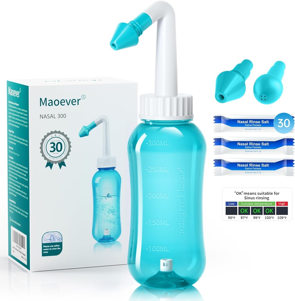 Neti Pot Sinus Rinse Nasal Yıkama 300ML Neti-Pot ile 30 Nasal Yıkama Salt Packets ve Style Thermometer Nose Clean Çamaşır Şişe Temiz Baskı Irrigation for Adult & Kid BPA Free (Light Green)