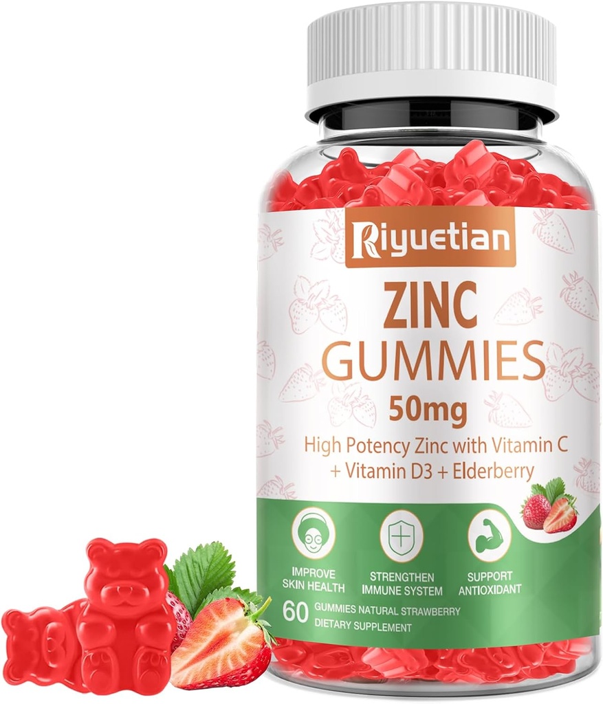 Çinko Gummies - Vitamin C + Vitamin D3 + Elder - Immune Health Support - Vegan, Non-GMO ve Gluten Free - 60 Gummies