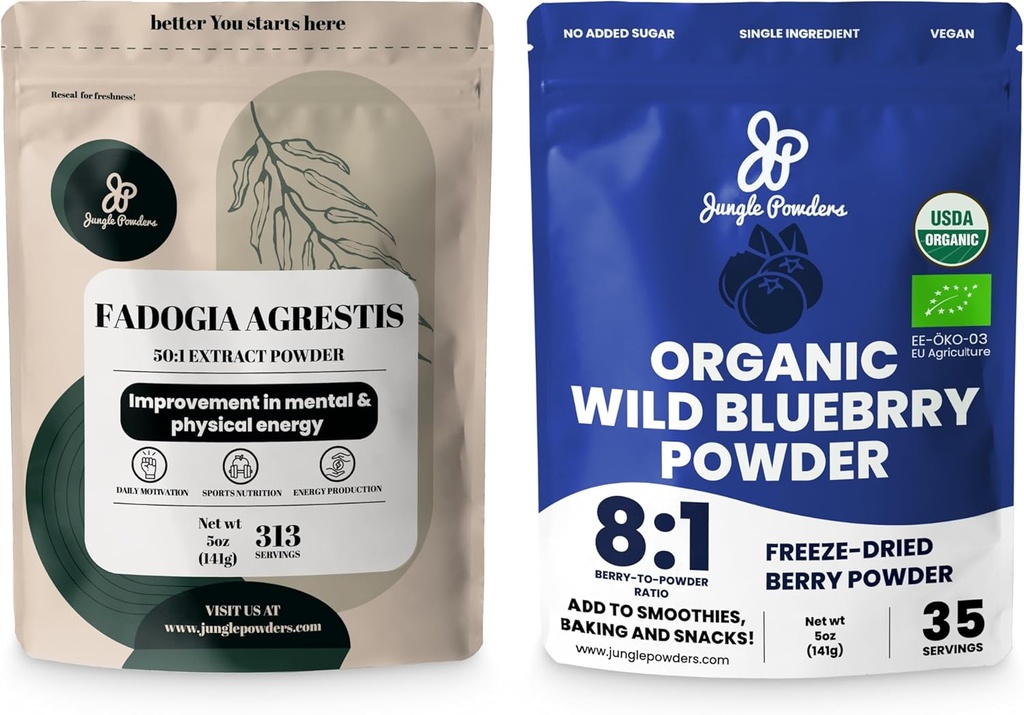 Jungle Tozs Men's Health & Vitality Sche: 5oz Fadogia Agrestis Extract Toz for Drive & Passion + 5oz USDA sertifikalı Organik Vahşi Blueberry Tozu, Smoothies & Baking'te Daha İyi Bir Şekilde Daha İyi Bir Şekilde Geliştirilen Sağlık İçin Daha Fazlası!